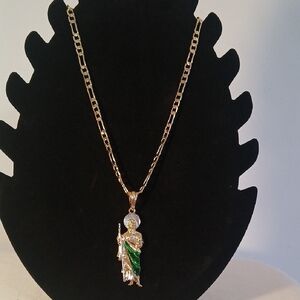 Green and Gold Pendant Necklace with Figurine Design